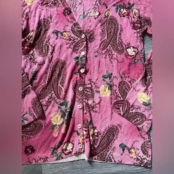 ESCADA Pink Floral Paisley Knit Button Up V - neck Cardigan Sweater. Size EU 40 - Picture 3 of 8